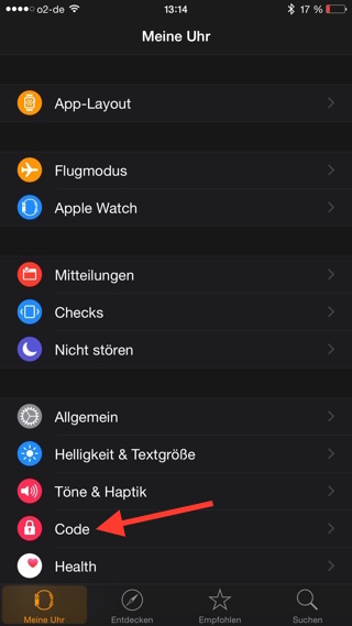 Code-Einstellungen in der Apple Watch App anwählen