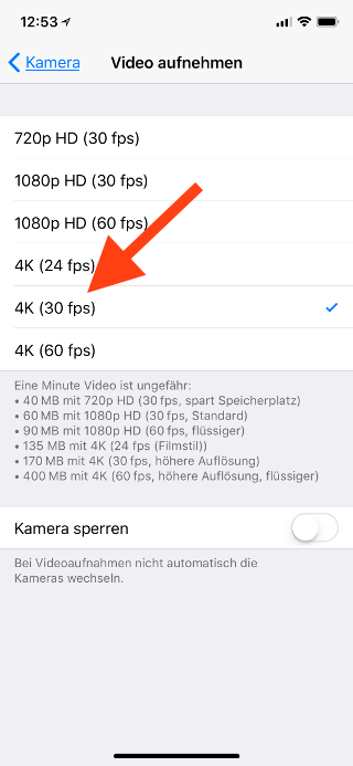 4K-Videoaufzeichnung auf dem Apple iPhone einstellen Videomodus wählen