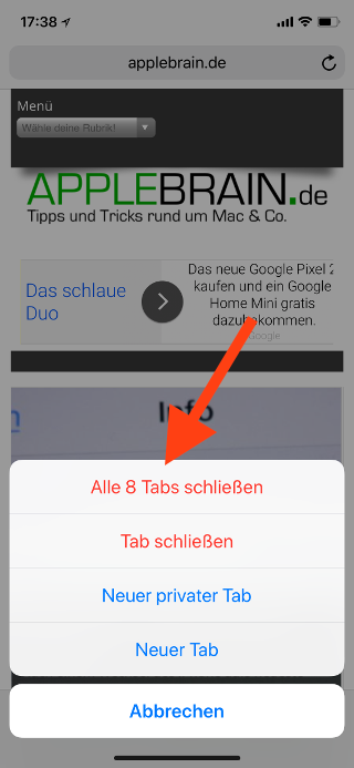 Alle Tabs gleichzeitig im Safari Browser unter iOS schließen Tabs schließen