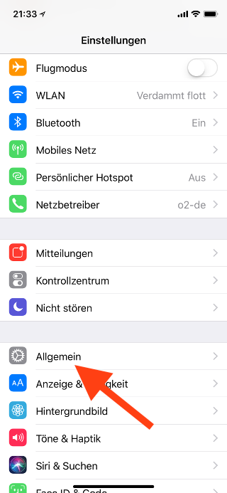 Virtuellen Homebutton (AssistiveTouch) für das Apple iPhone X konfigurieren Allgemein auswählen