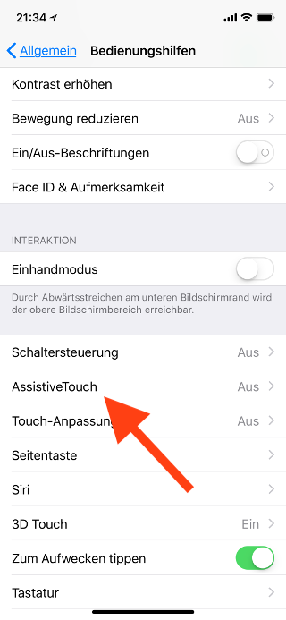 Virtuellen Homebutton (AssistiveTouch) für das Apple iPhone X konfigurieren AssistiveTouch anwählen
