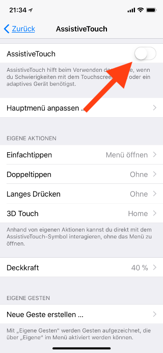 Virtuellen Homebutton (AssistiveTouch) für das Apple iPhone X konfigurieren AssistiveTouch einschalten