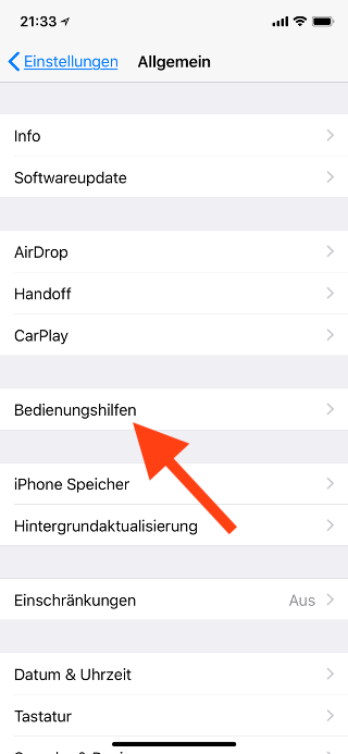 Virtuellen Homebutton (AssistiveTouch) für das Apple iPhone X konfigurieren Bedienungshilfen öffnen
