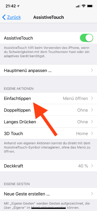 Virtuellen Homebutton (AssistiveTouch) für das Apple iPhone X konfigurieren Eigene Aktion Einfachtippen aufrufen