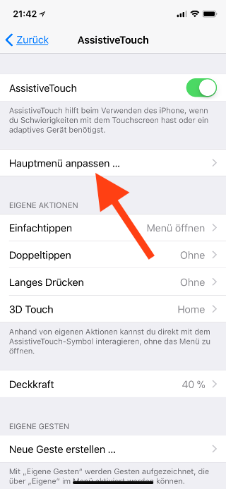 Virtuellen Homebutton (AssistiveTouch) für das Apple iPhone X konfigurieren Hauptmenü aufrufen