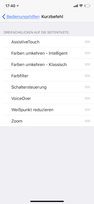 Dreifachklick der Seitentaste des Apple iPhone mit einer Funktion belegen Funktion wählen