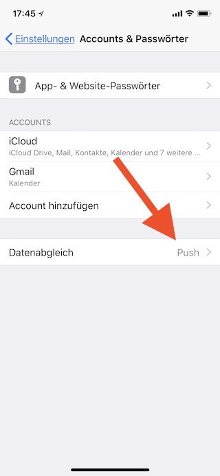 Push-Mail abschalten und E-Mails manuell abrufen Datenabgleich öffnen