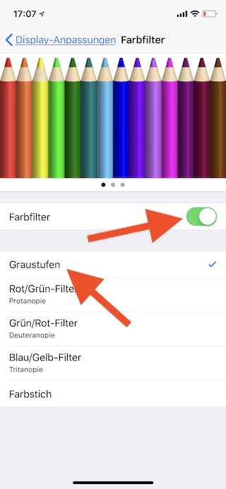 Stromsparen beim Apple iPhone Farbfilter aktivieren und Graustufen wählen