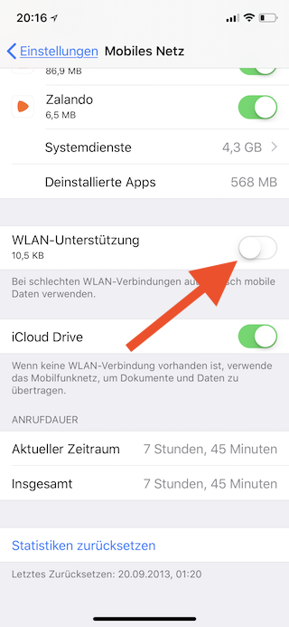 WLAN-Unterstützung für schnellere Datenverbindungen beim Apple iPhone und iPad WLAN-Unterstützung einschalten