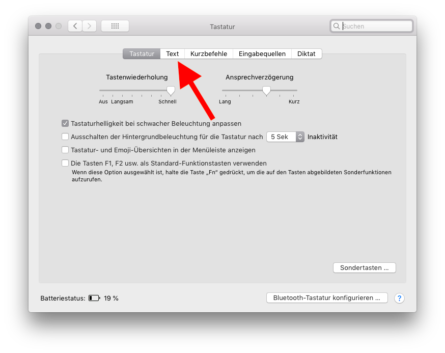 Autokorrektur auf dem Mac ausschalten Textreiter anwählen