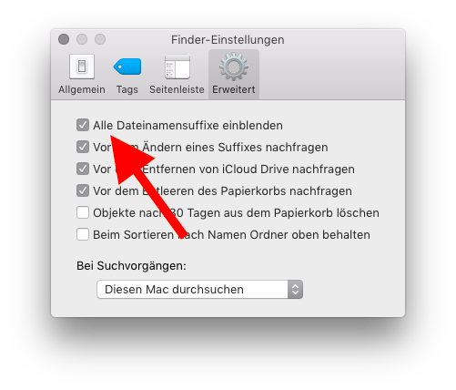 E-Mail-Anhang winmail.dat mit Bordmitteln des Mac öffnen Dateisuffixe anzeigen