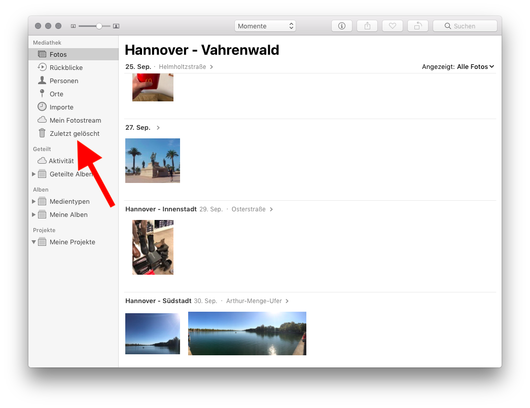 In der Fotos-App gelöschte Fotos auf dem Mac wiederherstellen Gelöschte Fotos aufrufen