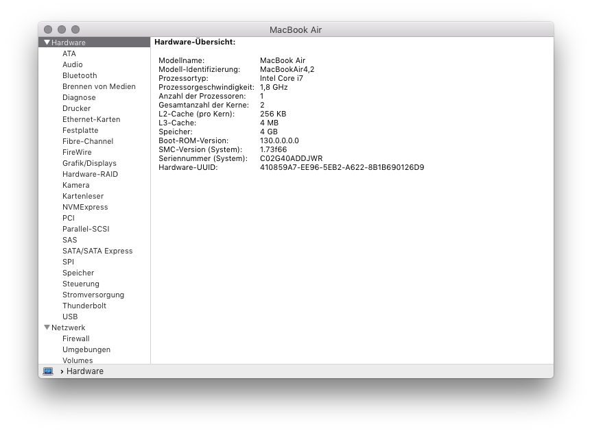 Modellbezeichnung, Modellnummer und Baujahr eines Mac oder MacBook ermitteln Hardware-Übersicht