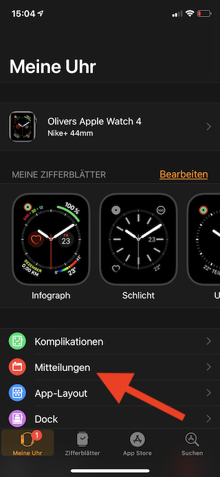 Mitteilungen auf der Apple Watch einstellen Meine Uhr Mitteilungseinstellungen öffnen