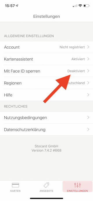 Stocard Digitale Kundenkarten auf dem Apple iPhone und der Apple Watch Mit Face ID sperren wählen
