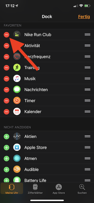 Favoriten im Dock der Apple Watch für den Schnellzugriff konfigurieren App aus Favoriten entfernen