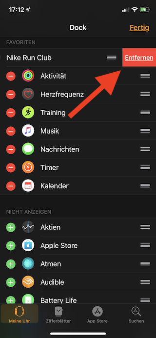 Favoriten im Dock der Apple Watch für den Schnellzugriff konfigurieren App entfernen